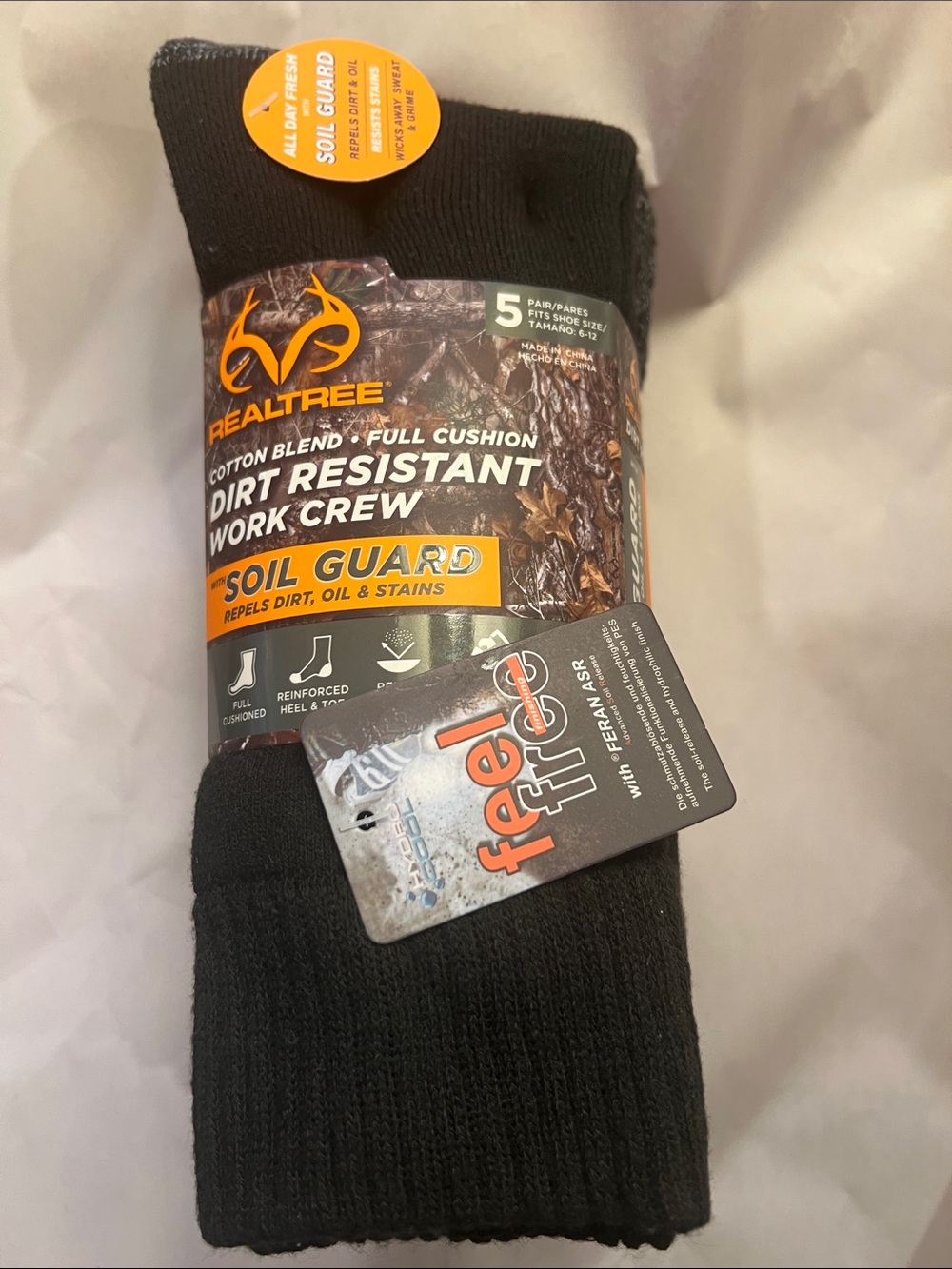 Realtree Black Dirt-Resistant Work Crew Socks - 5 Pack Shie Size 6-12